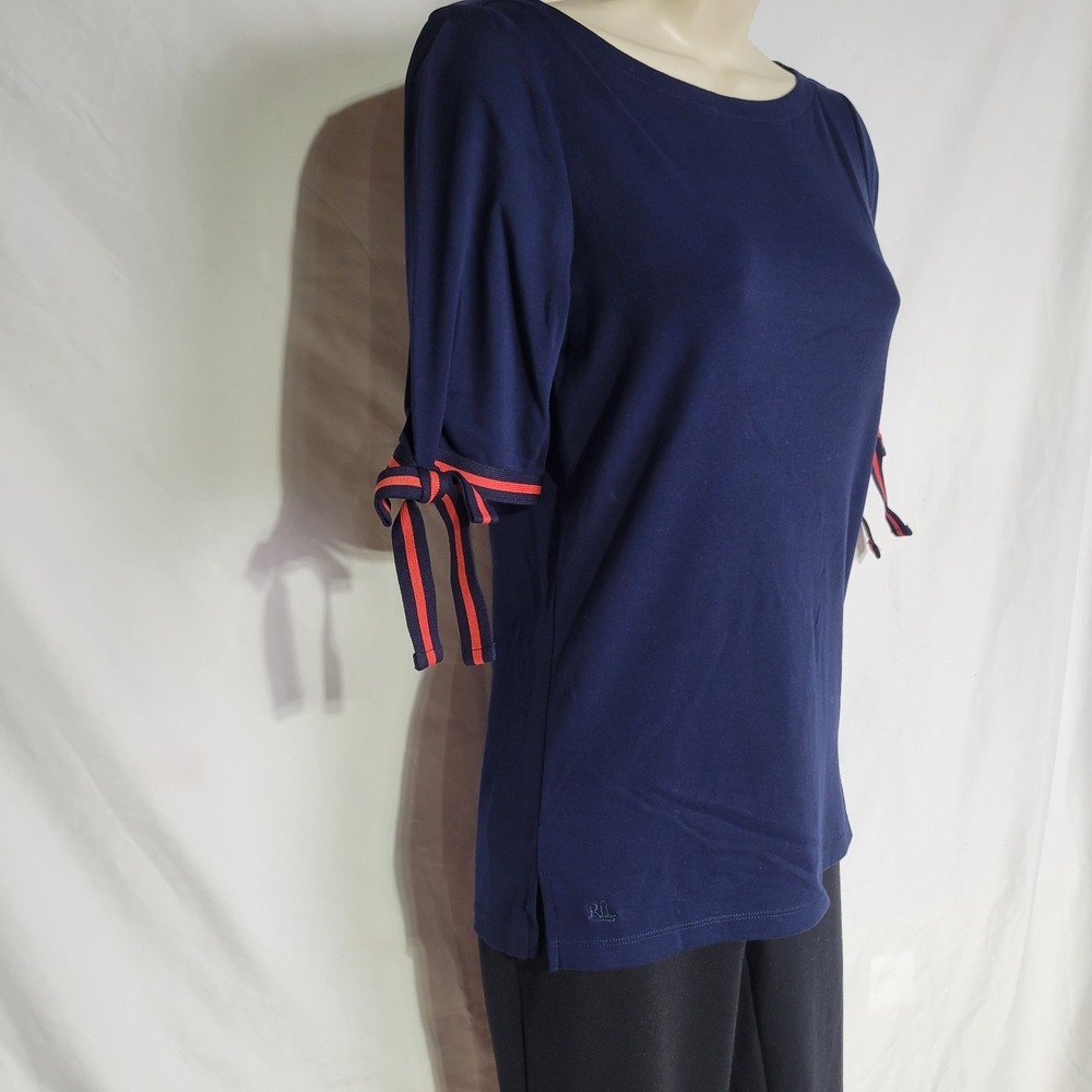 LAUREN Ralph Lauren Size Medium Navy T-shirt with Sleeve Bowties, Brand New - Picture 5 of 8